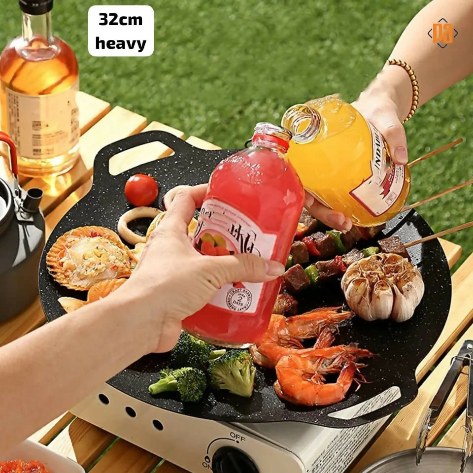 Non-Stick Roasting Korean BBQ Round Pan Cast Iron Double Handled Crepe Pan Round Griddle Grill Pan for BBQ Griddle with Handle