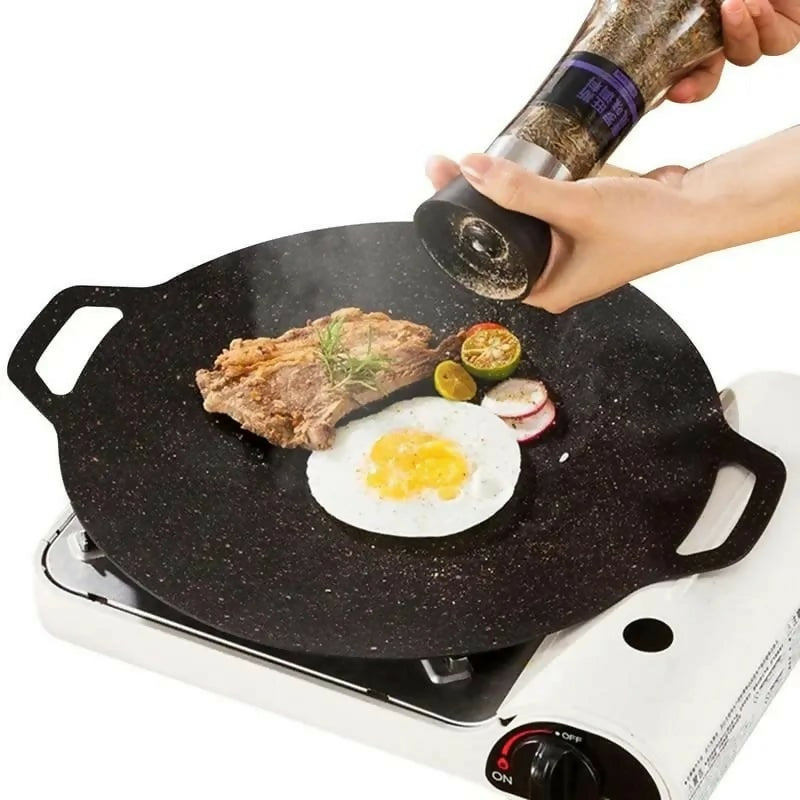 Non-Stick Roasting Korean BBQ Round Pan Cast Iron Double Handled Crepe Pan Round Griddle Grill Pan for BBQ Griddle with Handle