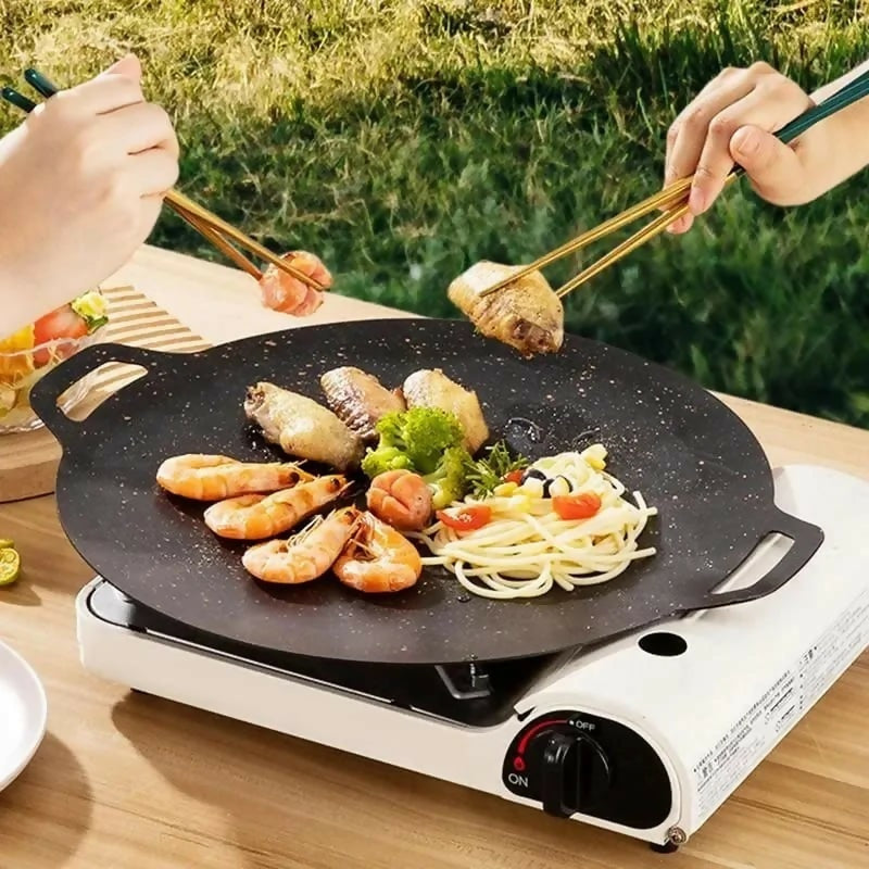 Non-Stick Roasting Korean BBQ Round Pan Cast Iron Double Handled Crepe Pan Round Griddle Grill Pan for BBQ Griddle with Handle